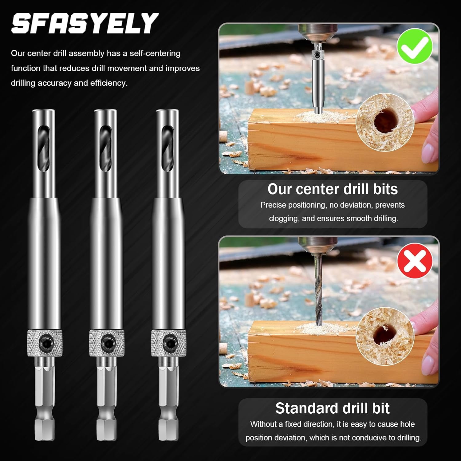 FRKSMD-Self Centering Drill Bit Set \u2013 3/32", 7/64", 9/64" Self Centering Drill Bit 1/4" Hex Shank VIX Bit with 1 Hex Key for #6 8 10 Screws \u2013 Perfect for Woodworking Door & Window Hinge Ins