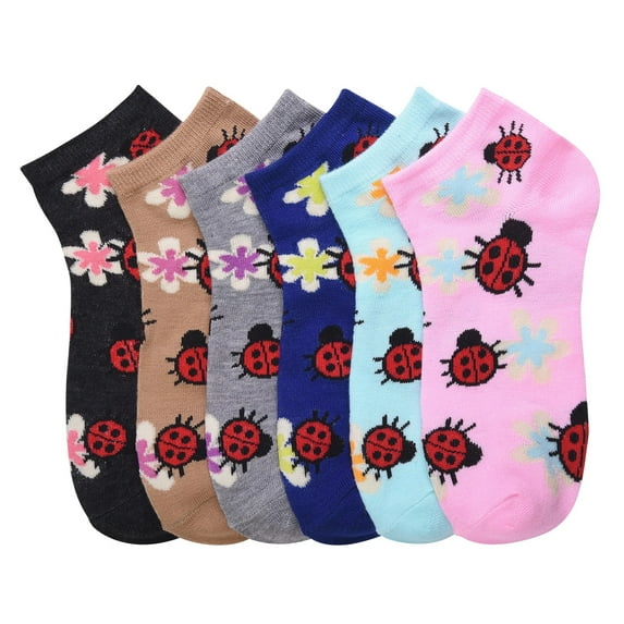 6-PACK Women's Comfort Low Cut Socks, Spandex Socks, BUGS, 6-8