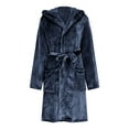 thumbnail image 4 of Women's Plush Fleece Hooded Knee Length Robe Set, Soft Bathrobe with Pockets and Sleep Mask, Cozy Loungewear, Warm Spa Robe with Adjustable Belt, Matching Eye Mask Included Navy XL, 4 of 7