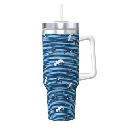 

KLL Sharks on White Blue Striped Print 40oz Stainless Steel Insulated Car Cup Coffee Mug with Spillproof Lid - Keep Your Drink Hot or Cold on the Go