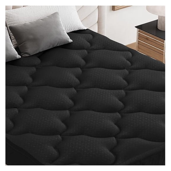 Pillow Top Mattress Topper Full Size, Bed Mattress Pad Cover with 8-21 Inch Deep Pocket, Bed Mattress Protector for Back Soft Breathable Overfilled Down Filling, Black