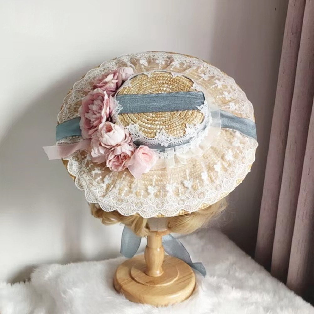 Sweet Tea Party Bonnet Lolita Flower Ribbon Sunshade Straw Hat Lace Sun Hat Vintage Flowers Flat Hat Pastoral Style Straw Hats