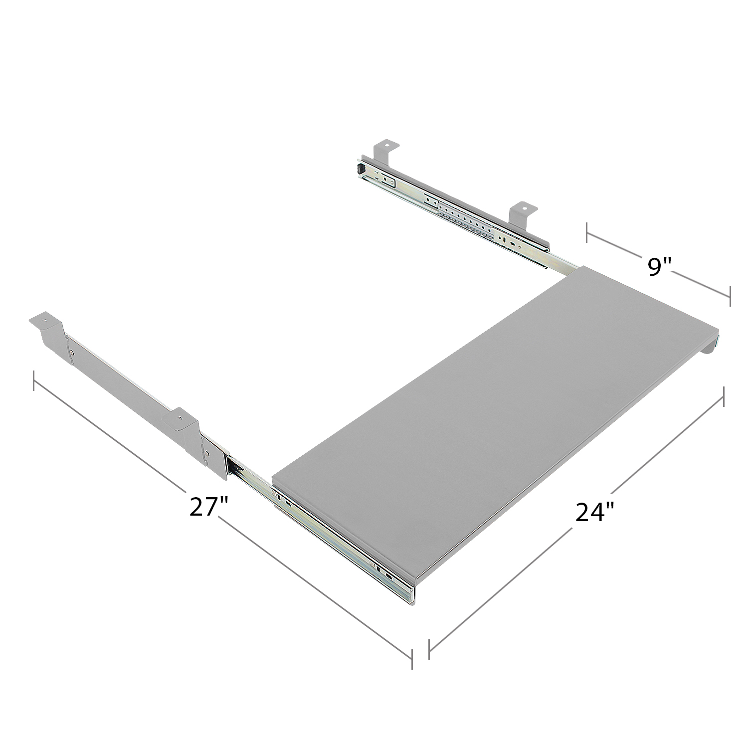 Keyboard Tray Kit - Under-Mount, Steel Construction, Slide Out Keyboard Mouse Holder - Powder Coated 9"D x 24"W - Gray