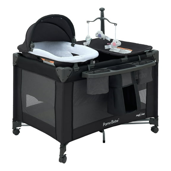 Pamo Babe Baby Playard Magic Fold 1 Step Bassinet & Changing Table for Newborn, 4-Panels (Black)