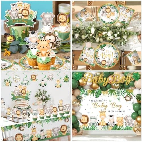 Safari Baby Shower Decorations,387pcs Jungle Baby Shower Decorations Sweet Boy Baby shower Theme Plates and Napkins Cups Tablecloth Backdrop Topper Balloons for Boy Wild Birthday Decorations