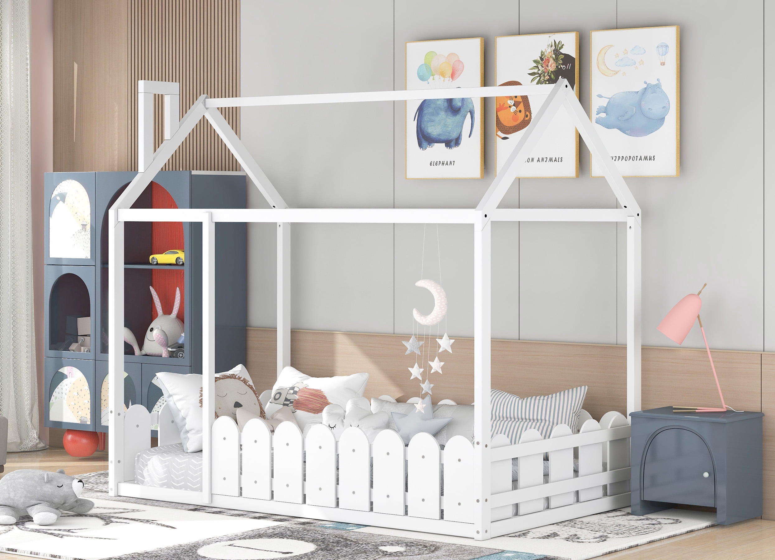 Aukfa House Bed for Kids, Wood Bed Frame with Roof and Fence Twin Bed, White