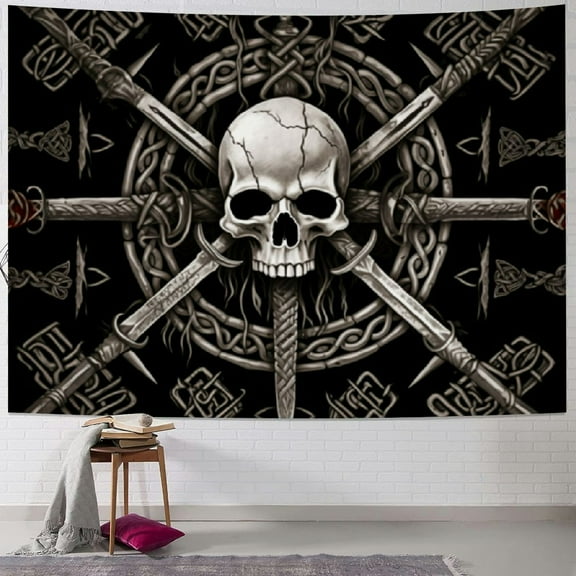 Creowell Viking Tapestry, Ancient Norse Viking Warrior Head Gothic Altar Wall Art,Mysterious Raven Rune Tapestry Wall Hanging, Mystic Aesthetic Wall Decor Tapestries for Bedroom Living Room 40x30inch