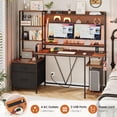 thumbnail image 4 of Reversible Computer Desk with Power Outlets LED Light, Home Office Desk with 2 Drawers, Rustic Brown, 4 of 7