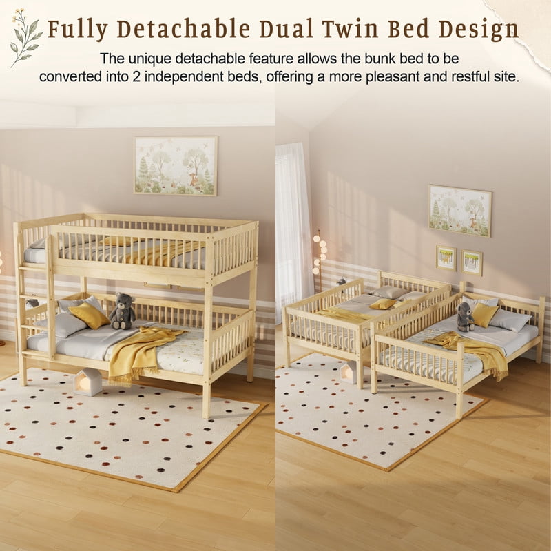 Twin-Over-Twin Size Convertible Kids Bunk Bed into 2 Platform Beds, Teens Wood Bed Frame with Ladder and Safety Guardrails