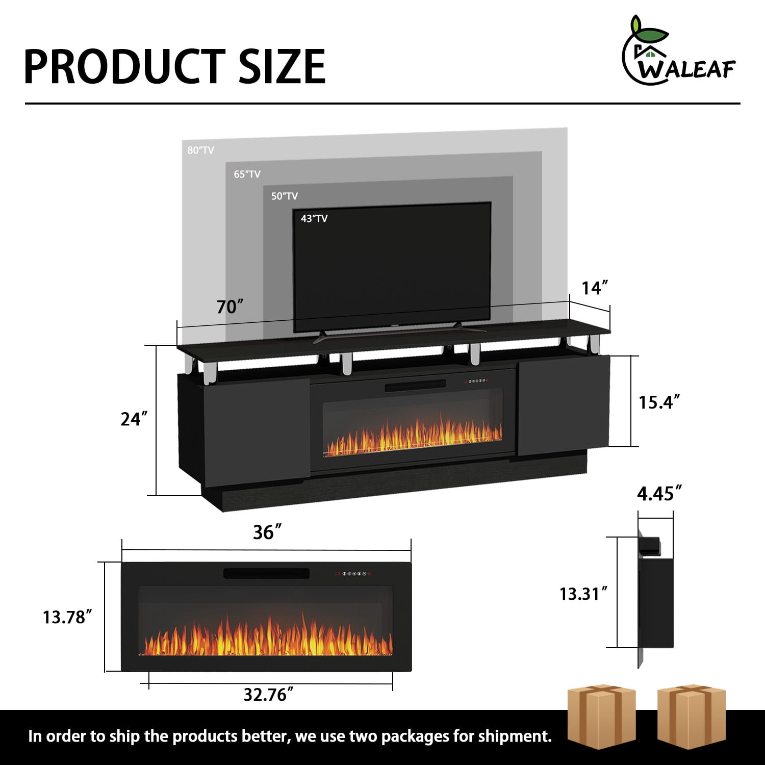 Waleaf 70" Modern Fireplace TV Stand with 36" Fireplace for TVs Up to 80", 2 Tier TV Console Stand for Living Room