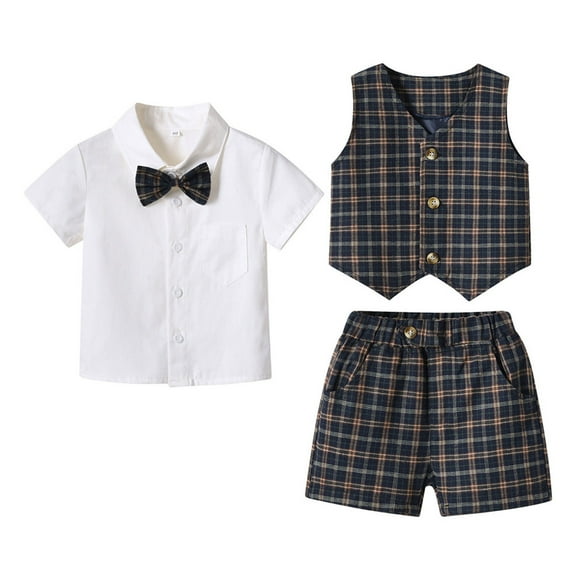 Baby Boy Summer Clothes Toddler Summer Short Sleeve Plaid Prints T Shirt Tops Vest Coat Shorts Child Kids Gentleman Outfits Outfit Boy Blue 2 Years-3 Years