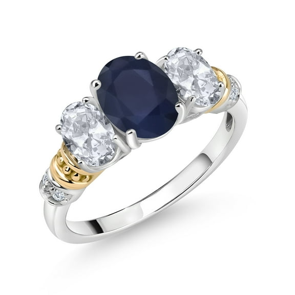 Gem Stone King 925 Sterling Silver and 10K Yellow Gold Oval Blue Sapphire White Topaz and White Diamond 3 Stone Ring for Women (3.03 Cttw, Gemstone September Birthstone, Size 9)