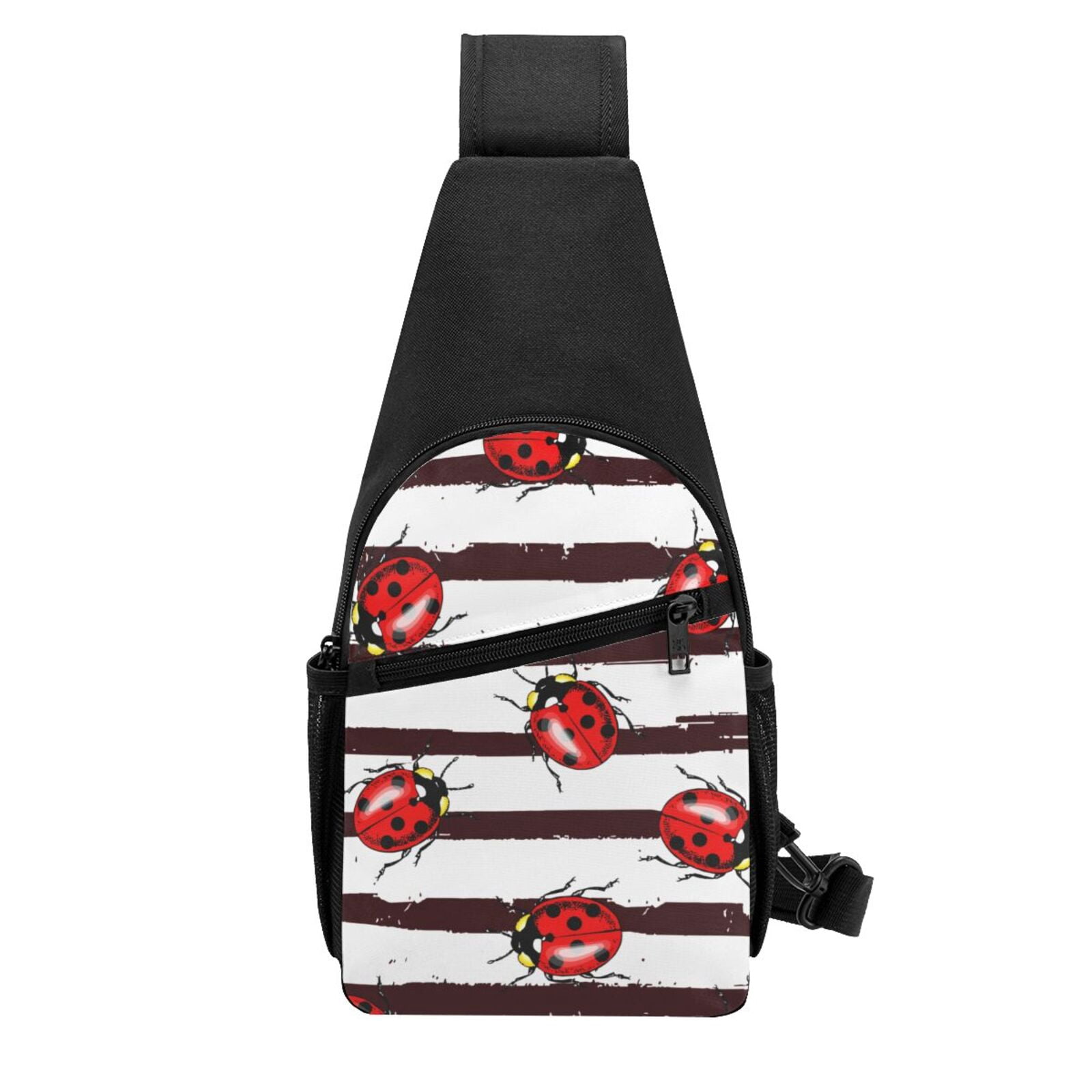 Xecao's Ladybugs on Black and White Striped1 Print Sling Bag: A Versatile Chest, Shoulder, and Crossbody Backpack for Casual Days Out, Perfect for Both Men and Women
