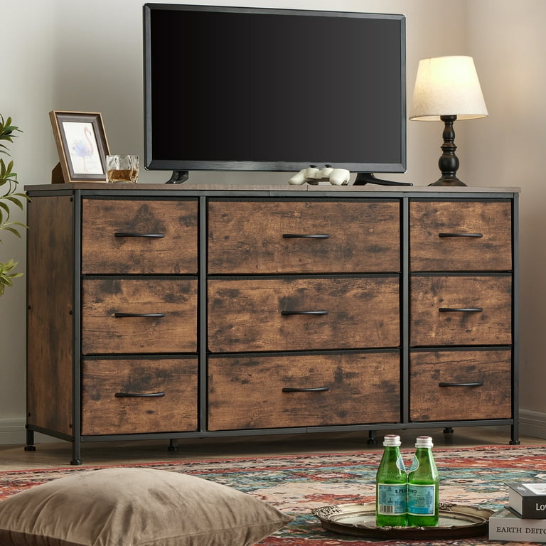 EnHomee Dresser TV Stand with 9 Drawers Dresser for Bedroom Rustic Fabric Dresser Wide Chests of Drawers TV Console with Large Storage Unit for Living
