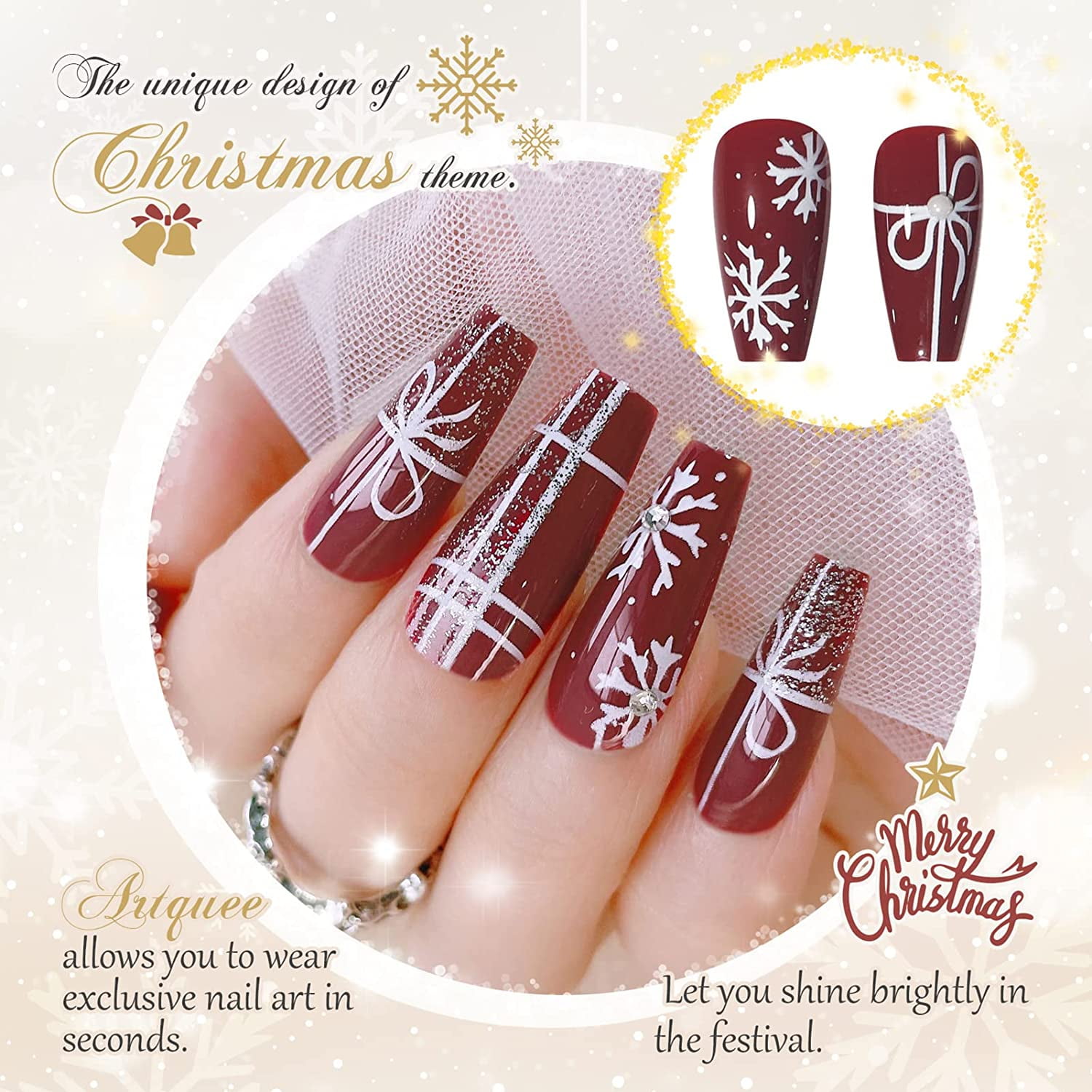 Striped Love Bell Christmas Fake Nails With Shiny Decals, Acrylic