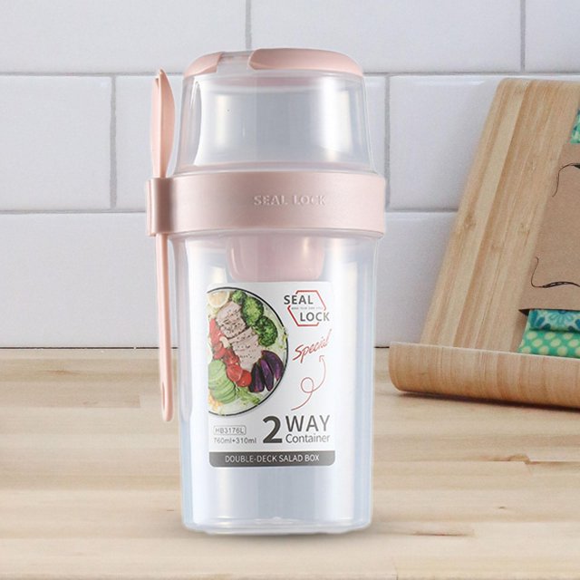 Recipiente para ensalada para almuerzo, tazas para desayuno, taza de ensalada portátil para frutas y verduras con tenedor, taza de postre para trabajo rosa