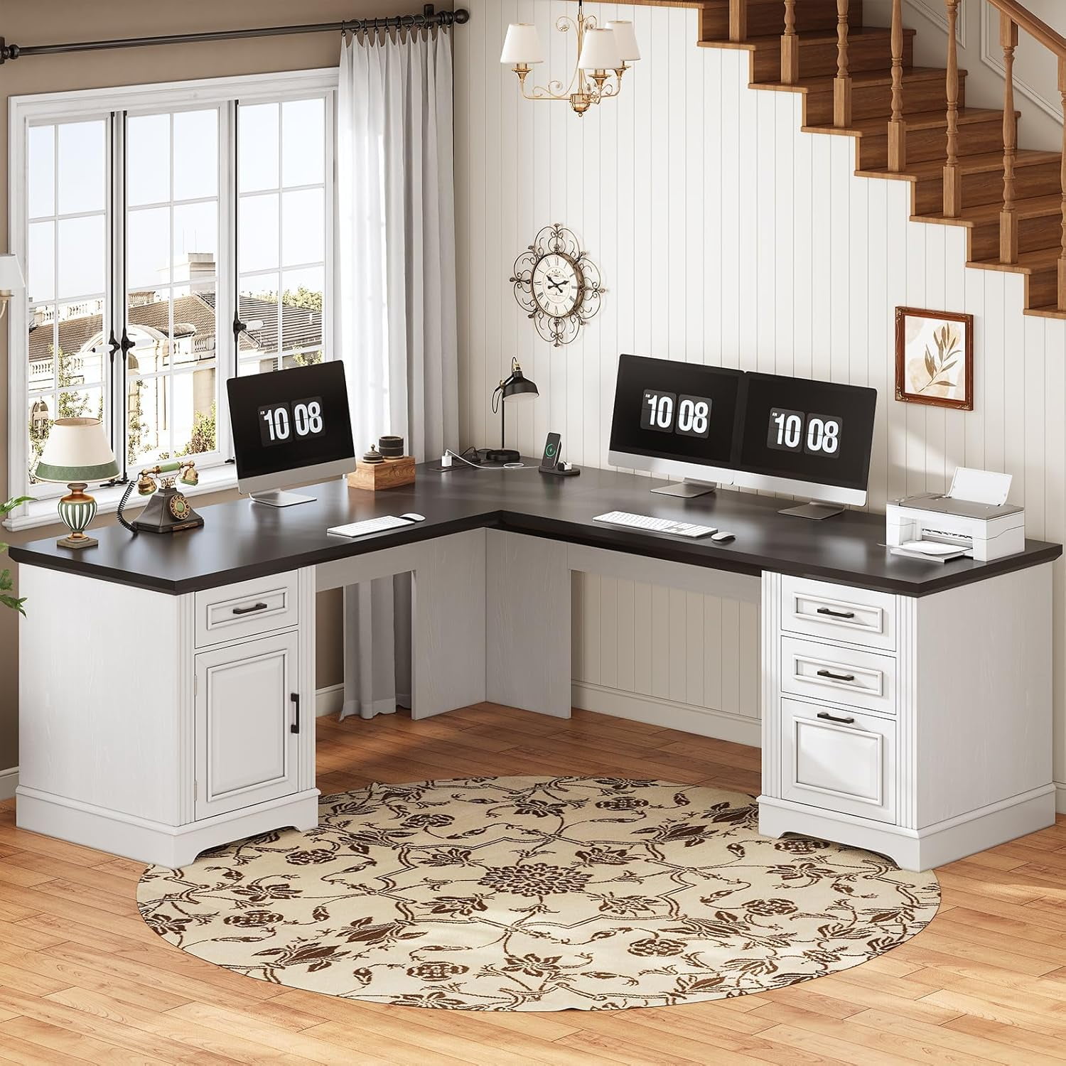 L Shaped Office Desk with Large Workspace & Charging Station, Wood Desk with 4 Drawers & Cabinet, White & Black