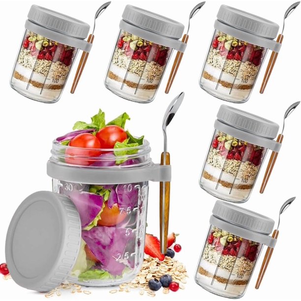 6 Pack Tarros de Recipientes de Vidrio con Tapa Hermética y Cuchara(Gris), Overnight Oats Jar, Frascos de Vidrio con Tapa Pequeños, para Decorativos de Cocina para Café,Té,Azúcar,Especias