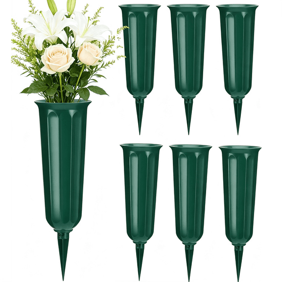 6 Pack Green Memorial Flower Vase Plastic Cemetery Vases with Spikes for Grave Decorations for Cemetery Vases for Flowers Plastic