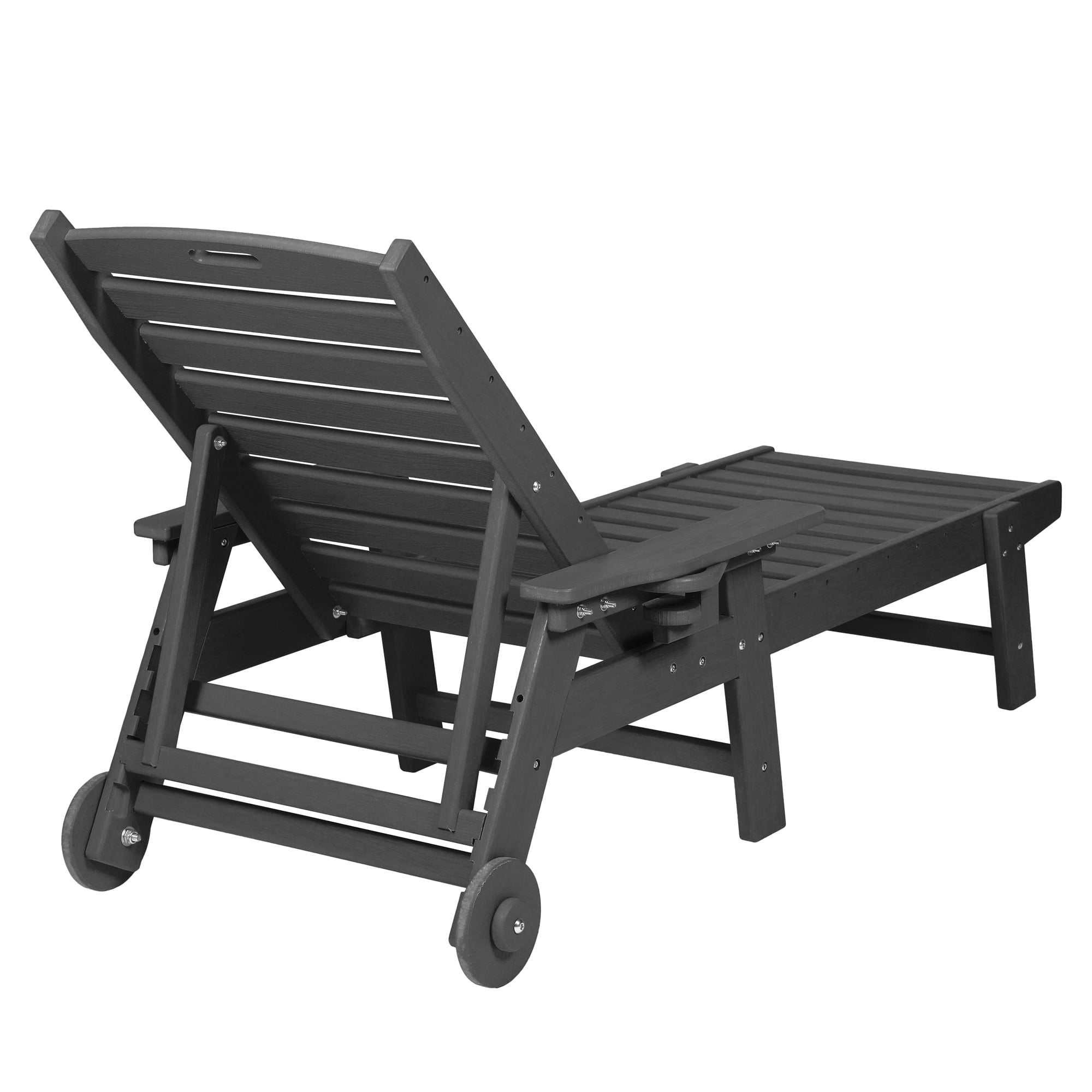 Aukfa 75" HDPE Outdoor Patio Chaise Lounge Chair with Cup Holder&Wheels, Adjustable Backrest, Black