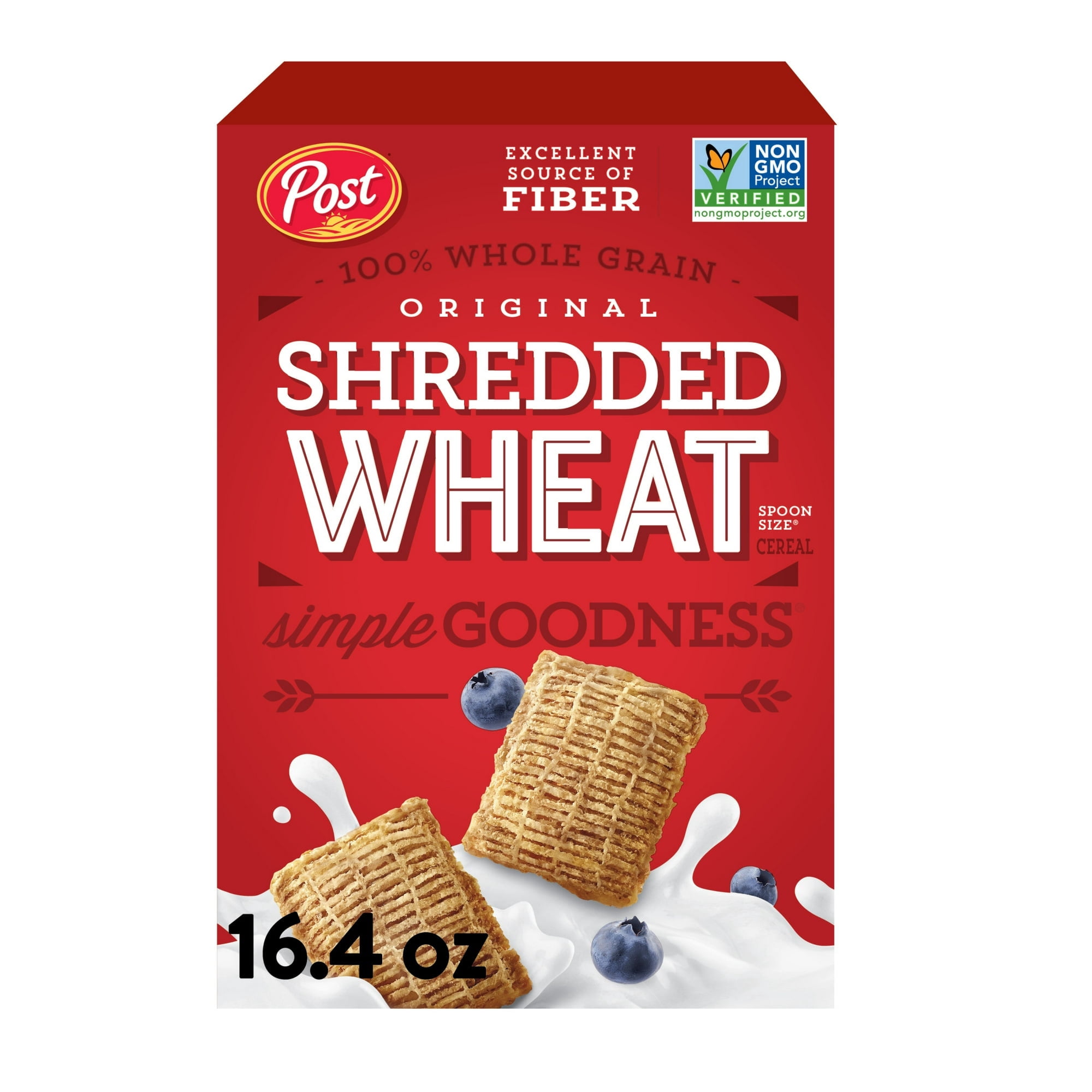 Post Spoon Size Shredded Wheat, Whole Grain Breakfast Cereal, Excellent Source of Fiber, Kosher 16.4 OZ (Pack 4)