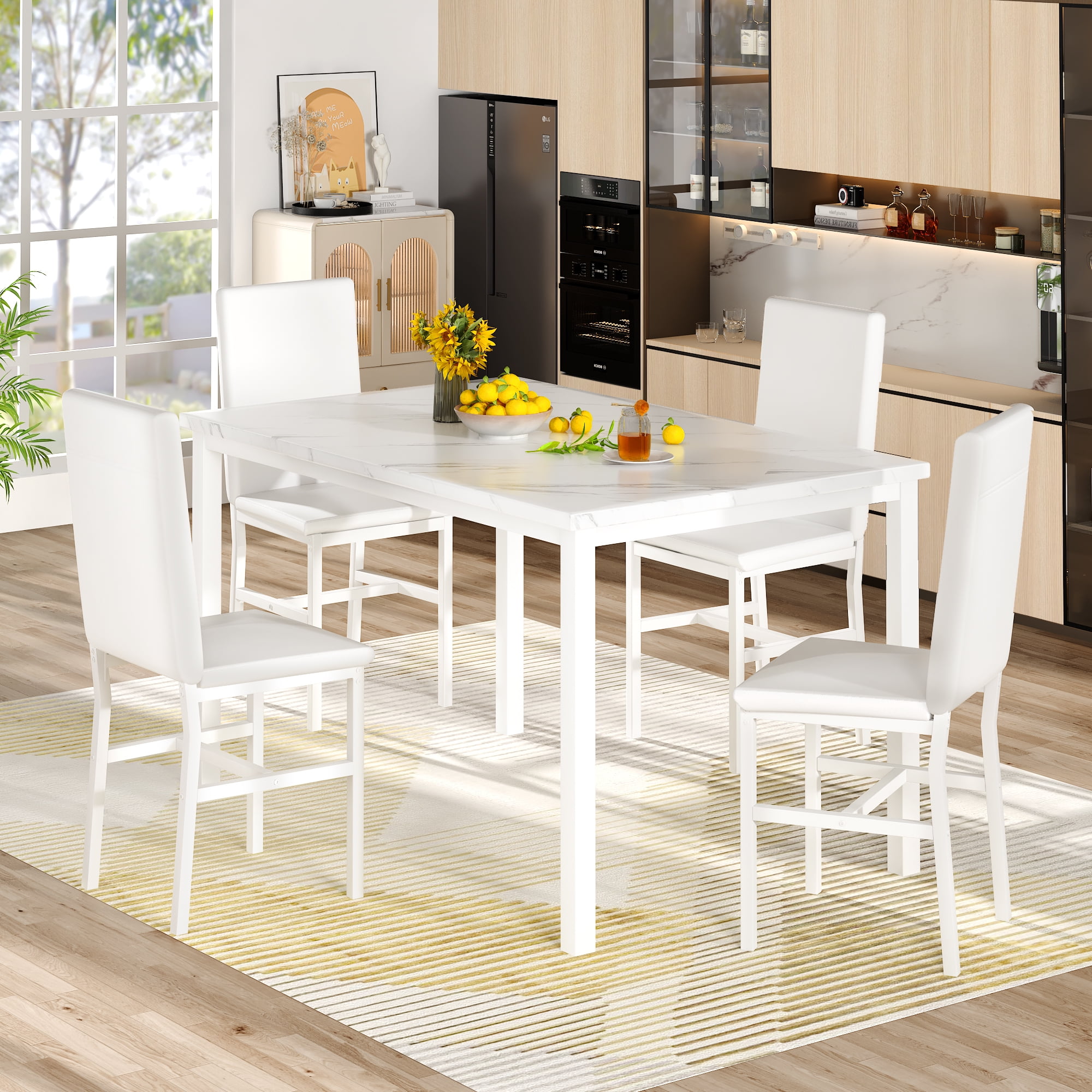 Cvortll 5 Pieces Dining Room Table Set for 4, Space Saving Kitchen Table and Chairs , Set with 4 Upholstered PU Leather Chairs and Faux Marble Tabletop, All White
