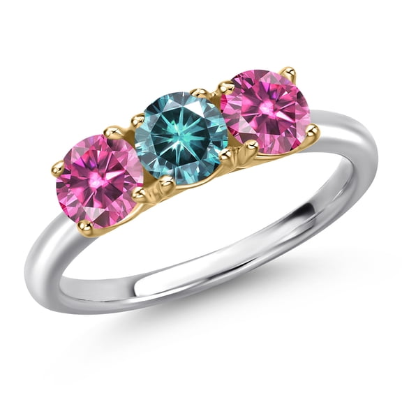 Gem Stone King 10K Two Tone Gold Blue Moissanite and Pink Moissanite Engagement Ring for Women | 1.50 Cttw | Round 5MM | Gemstone Birthstone | Size 7