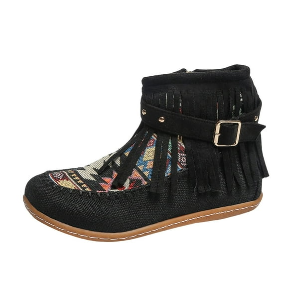 Xfvqtps Womens Fashion Ankle Boots with Tassel and Buckle Strap Flat Comfortable Winter Booties Side Zipper Pull on Casual Boho Boots for Outdoor Black
