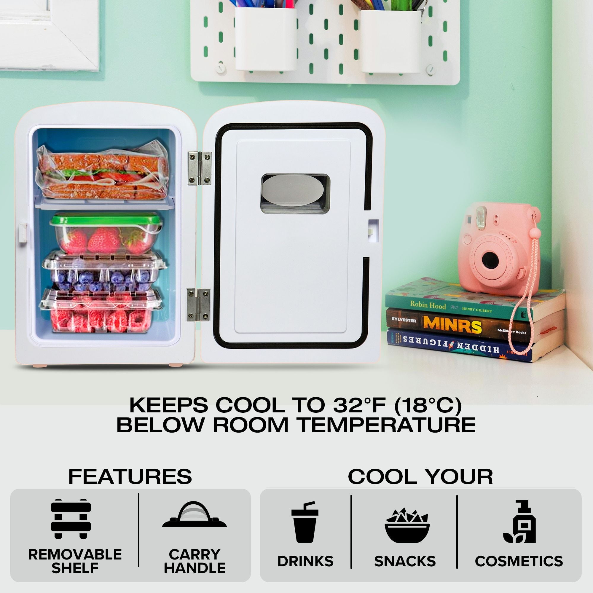 Koolatron Retro Mini Portable Fridge, 4L Compact Refrigerator for Skincare, Beauty Serum, Face Mask, Personal Cooler, Includes 12V and AC Cords, Desktop Accessory for Home Office Dorm Travel, Pink