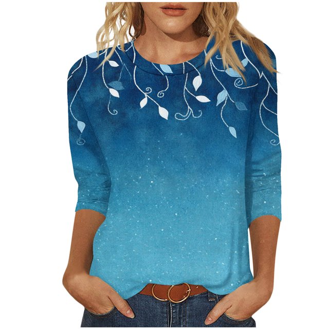 Staron Liquidation Hauts Tendance pour Femmes 2025 Col Rond Manches 3/4 Tunique T-Shirts Basiques Blouses Décontractées Amples Imprimé Floral