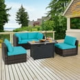 thumbnail image 1 of Costway 6PCS Patio Furniture Set Rattan Cushioned Gas Fire Pit Table Turquoise, 1 of 10