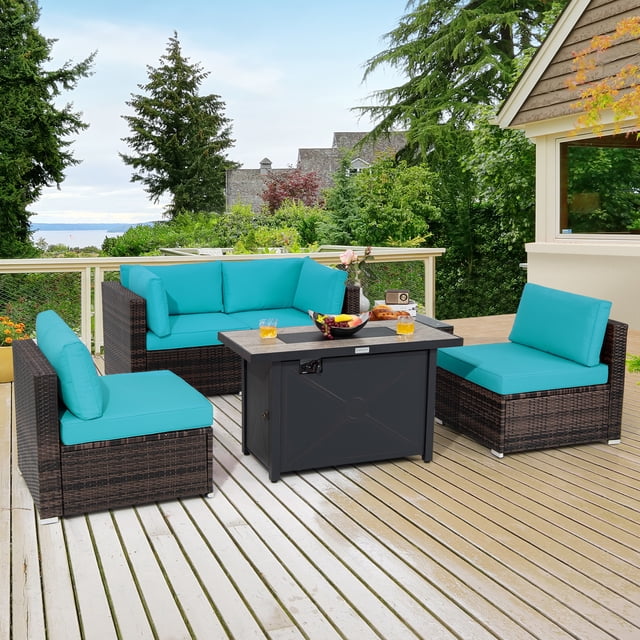 Costway Ensemble de Mobilier de Patio 6 Pcs en Rotin avec Coussins, Table de Foyer au Gaz Turquoise