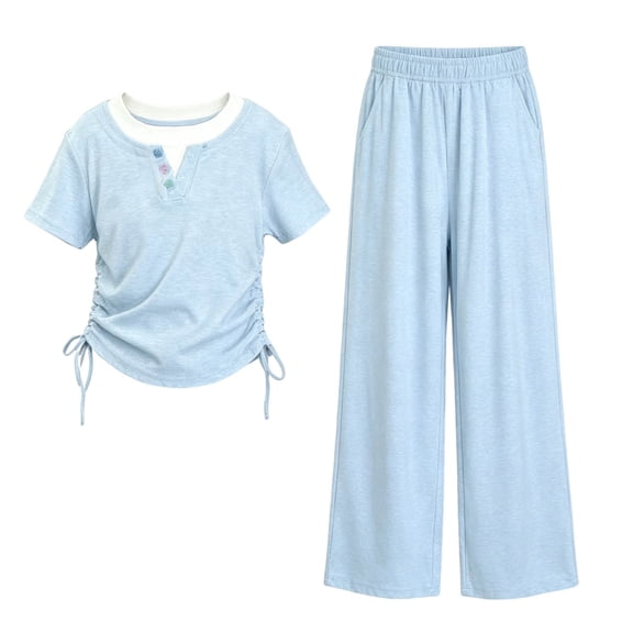 SELONE Two Piece Sets for Girls Back to School Uniform Drawstring Tops and Pants Big Kids Outfit 5-15Y