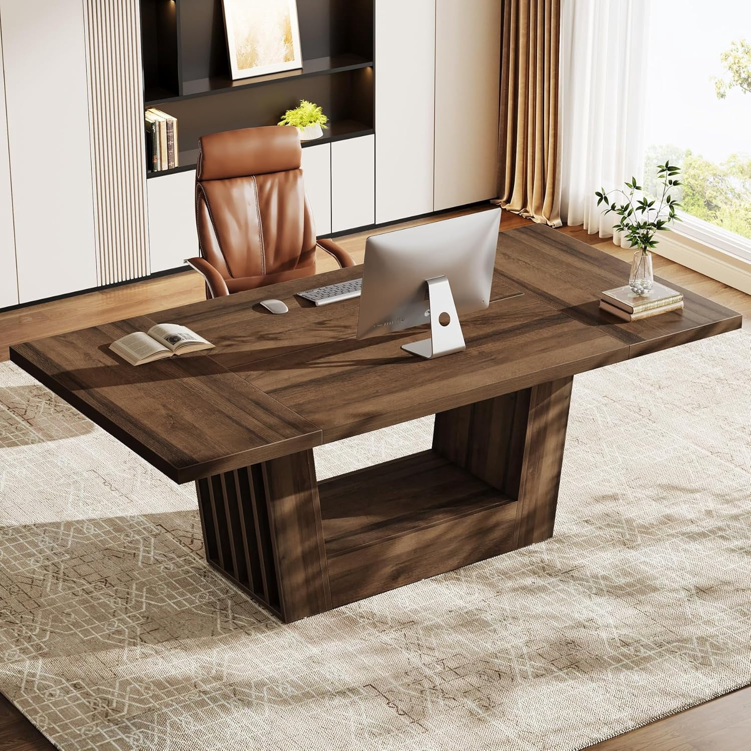 Finmind 63" Executive Desk, Modern Computer Desk with Robust Base for Home Office, Walnut Brown