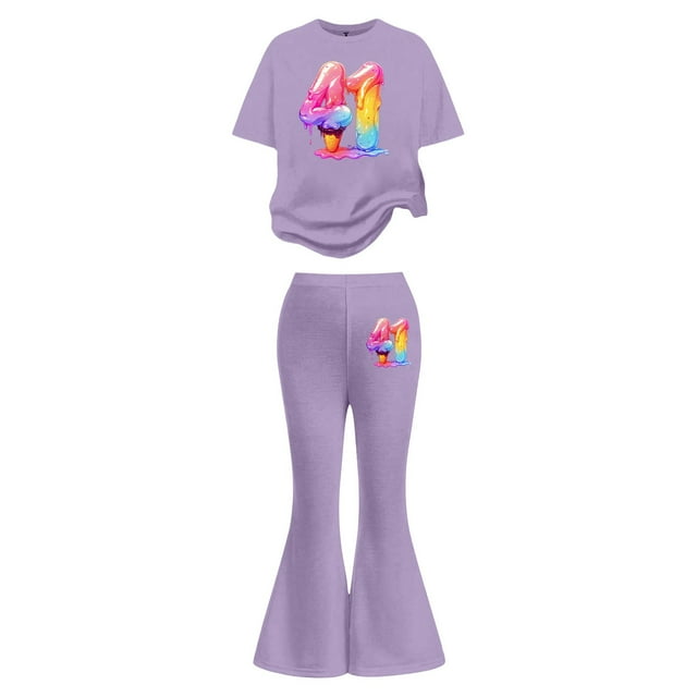 Rhuody Ensembles pour Filles Rentrée des Classes Imprimés de Dessins Animés Manches Courtes Survêtement Col Rond Hauts Pantalons Évasés Basique Tenue d'Été Violet 8-9 Ans