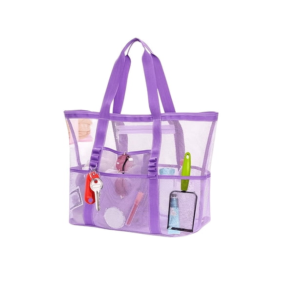 Large Purple Canvas Beach Tote Bag, Adjustable Shoulder Strap, 9 Pockets Foldable Portable Mesh Shoulder Bag, Sandproof Reusable Handbag, Multifunctional Storage Bag for Beach Swimming Gym Travel Vac