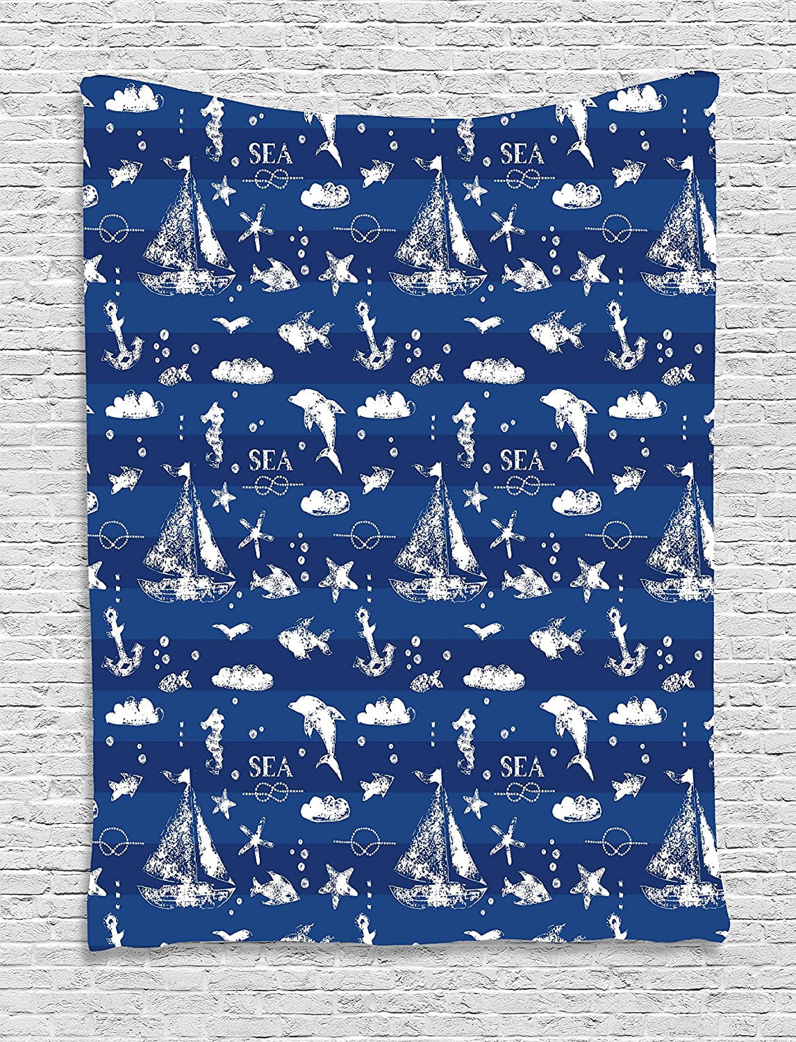 Navy Blue Decor Tapestry Wall Hanging by , Sailboat over Vertical