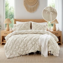 Regency Heights Full/Queen Textured Floral Comforter Set, Puffy Bow Tie Dorm Bedding Sets, 3-Piece Ivory Elastic Ruching Comforter Bed Set with Sham for All Season