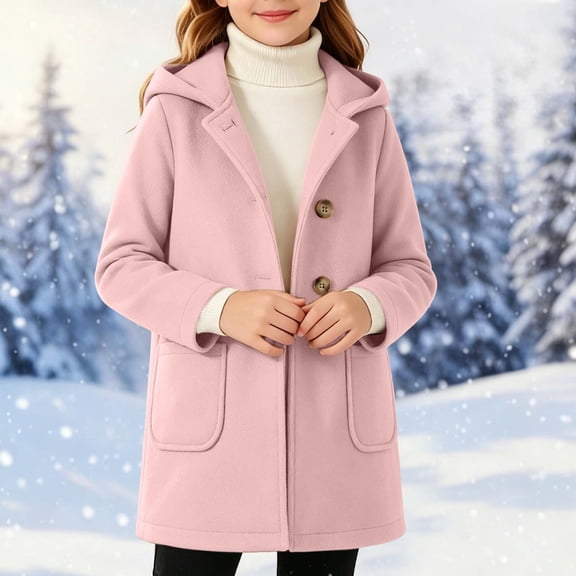 Children Winter Coats Solid Woollen Overcoat Long Sleeve Hooded Casual Outwear Pockets Jackets for Kids