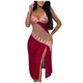 thumbnail image 2 of Womens Sleepwear Lace Mesh Patchwork Nightgown Chemises Sheer V Neck Side Split Long Sleep Dress with Panties Red S, 2 of 9