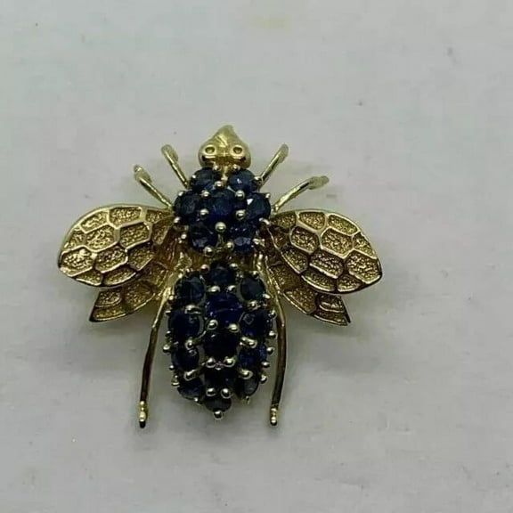Bluebelljewels Round Cut Blue Sapphire Bee Brooch Pin & Pendant 14K Yellow Gold Plated