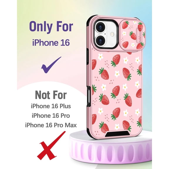 PYYAN-for iPhone 16 Case 6.1 Inch - with Ring Stand & Camera Cover Aesthetic Cute Designed for Women Girls Pretty Girly Kawaii Strawberry Teens Phone Case for iPhone 16 Compatible with Magsafe