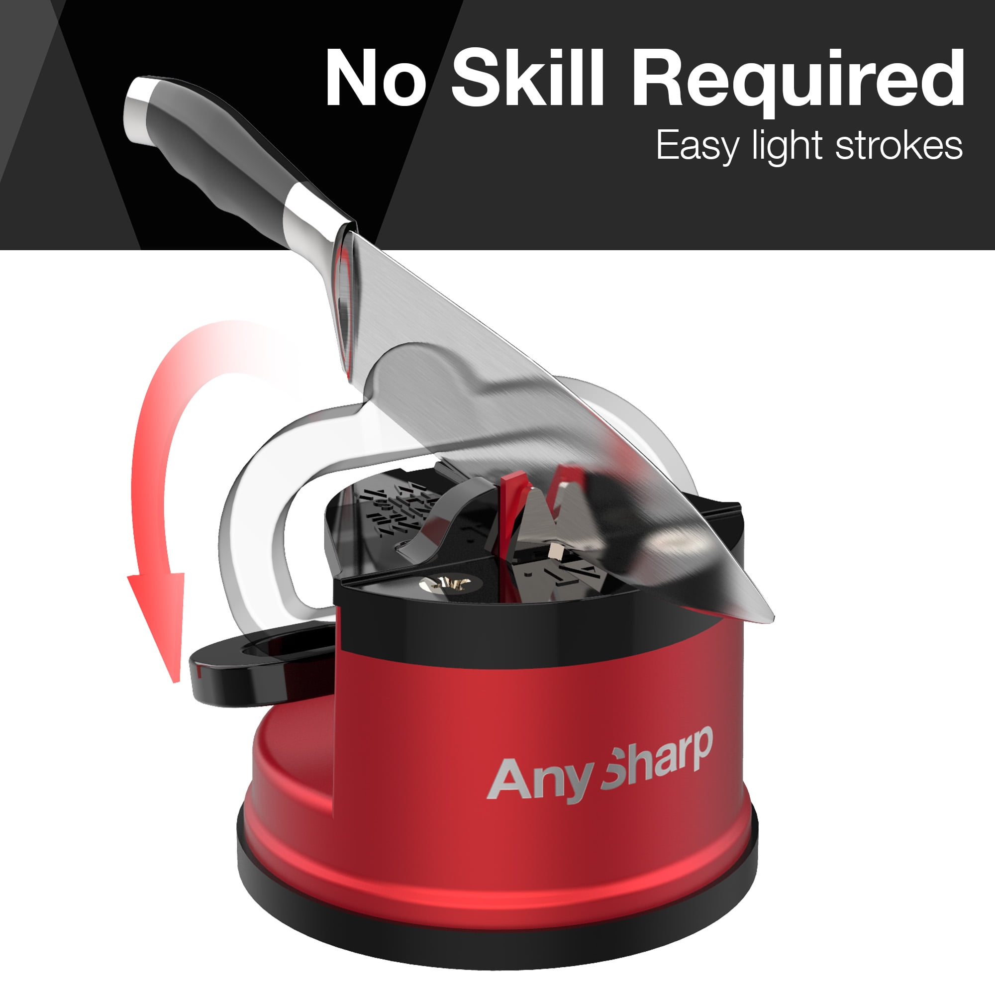 AnySharp Knife Sharpener, Hands-Free Safety, PowerGrip Suction, Sharpens All Kitchen Knives, Red