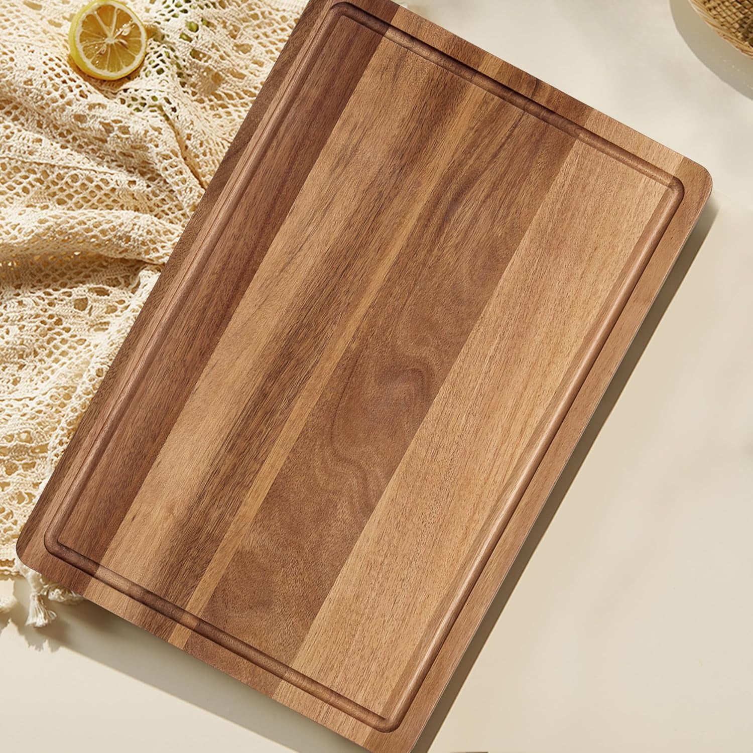 Large Natural Acacia Wood Cutting Board, 18"x12" Reversible Butcher Block with Deep Juice Groove & Side Handles, Durable Multipurpose Chopping Board