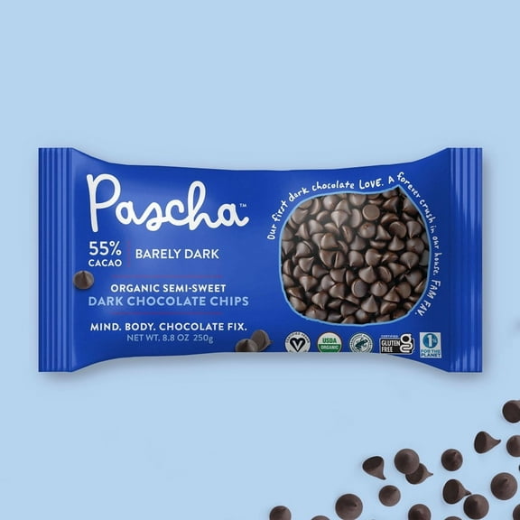 Pack of 6, Pascha 55% Cacao Organic Vegan Semi-Sweet Dark Chocolate Chips, 8.8 oz