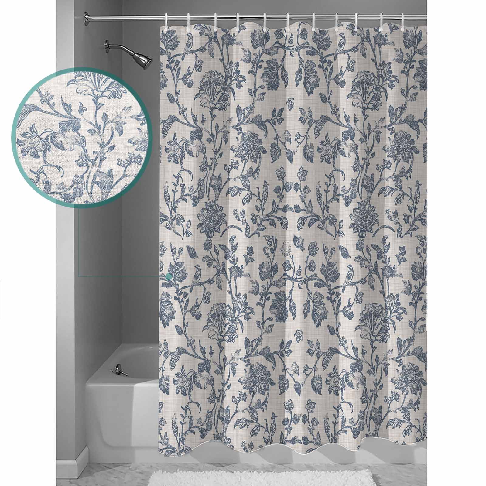 Small Stall Shower Curtain 36x72 Inch Narrow Half Size Blue Floral Bath Curtains Bathroom Decor Farmhouse Vintage Flower Leaf Botanical Waterproof Fabric Shower Curtain Set with Hooks 36 Inch