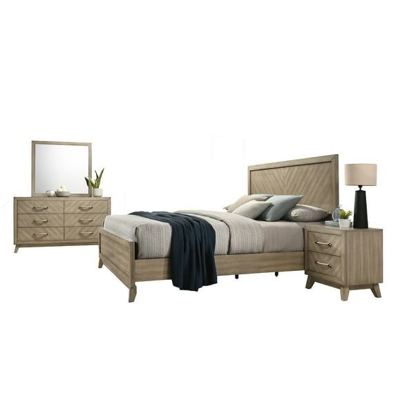 Roundhill Furniture Wood Bedroom Set: King Bed, Dresser, Mirror, Nightstand in Weathered Sand