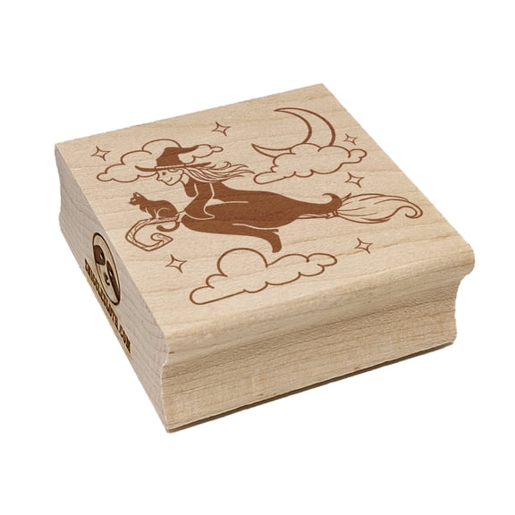 Witch on Broom with Black Cat Halloween Square Rubber Stamp Stamping Scrapbooking Crafting - Small 1.25in
