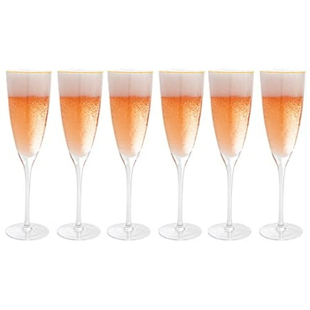 Vikko Champagne Flutes, 8 Ounce Decorative Toasting Champagne Flute, Hammered Glass with Gold Rim Champagne Glasses, Set of 6 Elegant Sparkling Wine Glasses