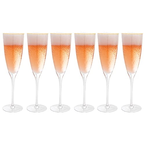 Vikko Champagne Flutes, 8 Ounce Decorative Toasting Champagne Flute, Hammered Glass with Gold Rim Champagne Glasses, Set of 6 Elegant Sparkling Wine Glasses